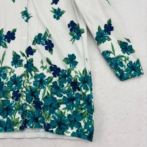 Laura Scott Cardigan Sweater Size M Blue Green Floral Button Up Stretch Knit - Picture 5 of 11